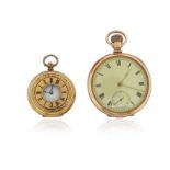 A lady's gold fob watch, the plain white dial with black Roman numerals, foliate engraved case