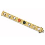 A gold cameo bracelet c1970, each textured gold rectangular link set with a carved cameo of a female