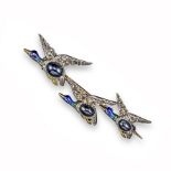 A French 19th century sapphire, diamond and enamel duck brooch, the realistically designed flying