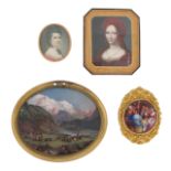 Four portrait miniatures, including an oval miniature portrait of a rural scene, probably Swiss,