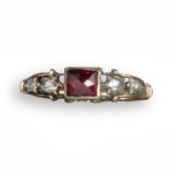 A George III garnet and diamond ring, the rose-cut garnet set with graduated rose-cut diamond