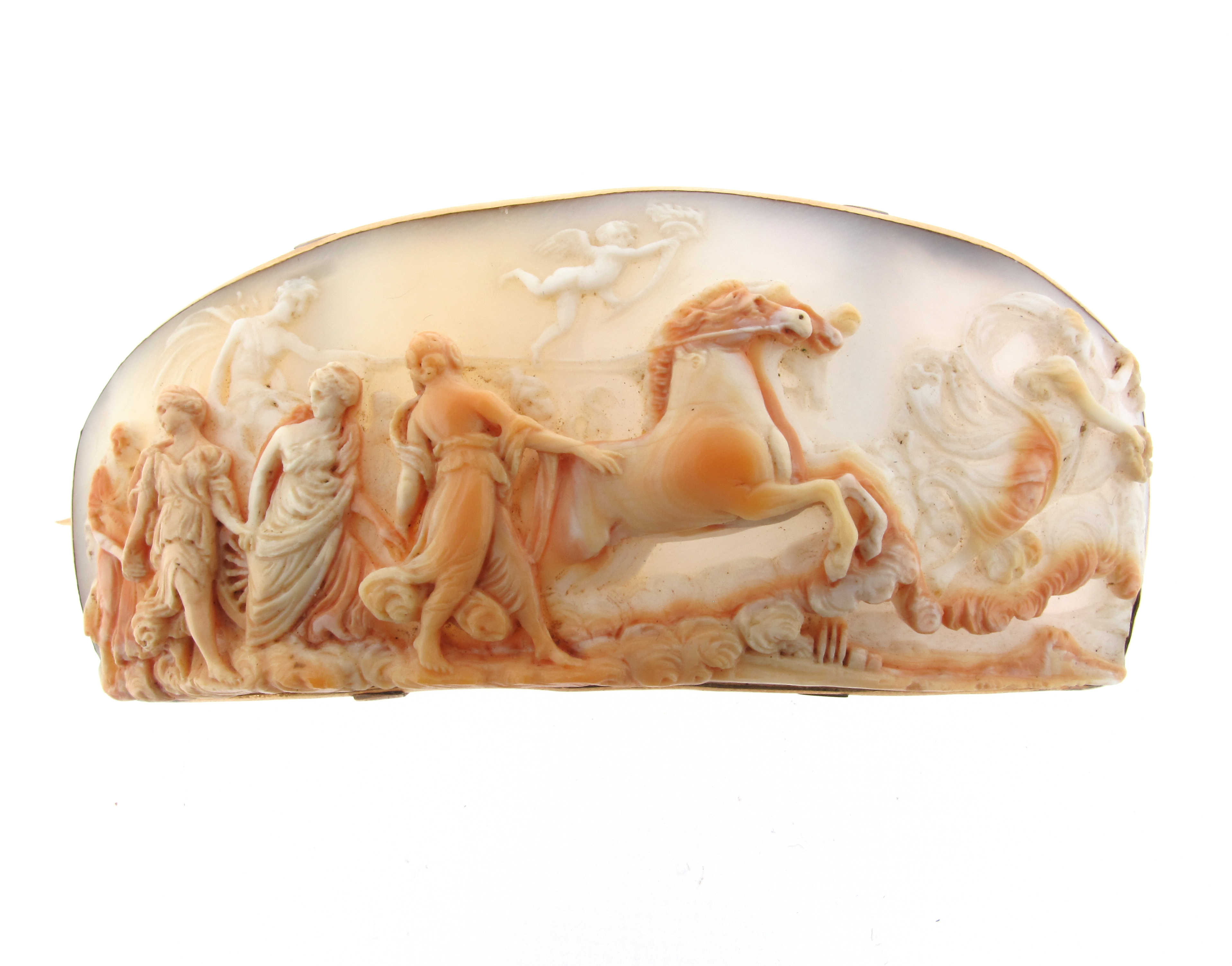 A 19th century carved shell cameo brooch, depicting Apollo driving the sun chariot, engraved in - Image 3 of 7