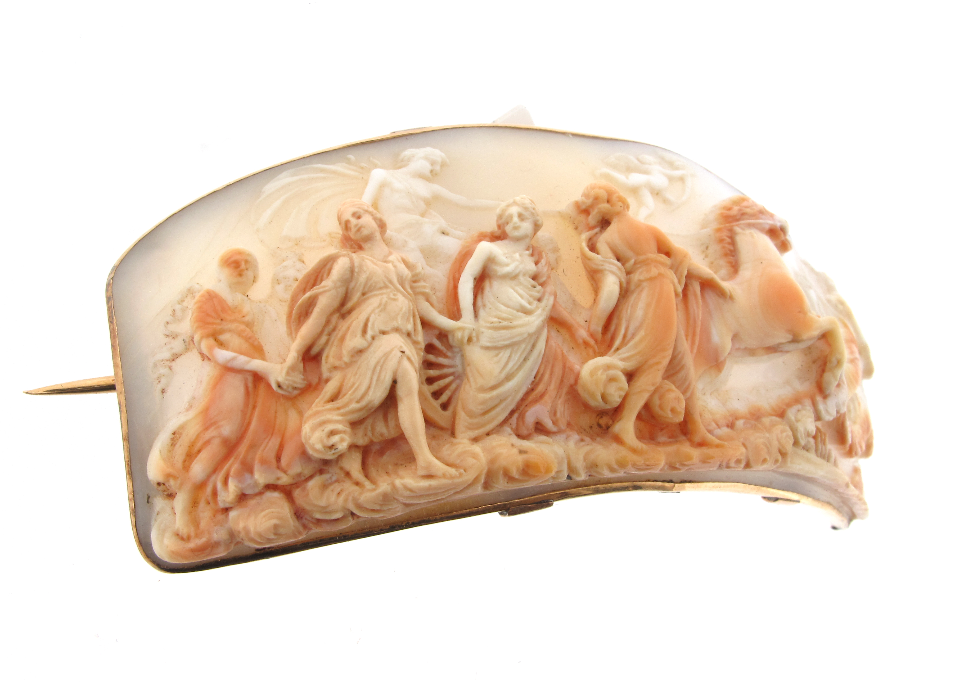 A 19th century carved shell cameo brooch, depicting Apollo driving the sun chariot, engraved in - Image 4 of 7