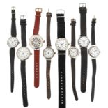 Eight silver wristwatches by Longines, manual movements, on leather and fabric bands