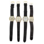 Four gold wristwatches by Longines, three manual movements, one with quartz movement in gold cases