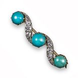 A French 19th century turquoise and diamond brooch, the three turquoise cabochons are conjoined with