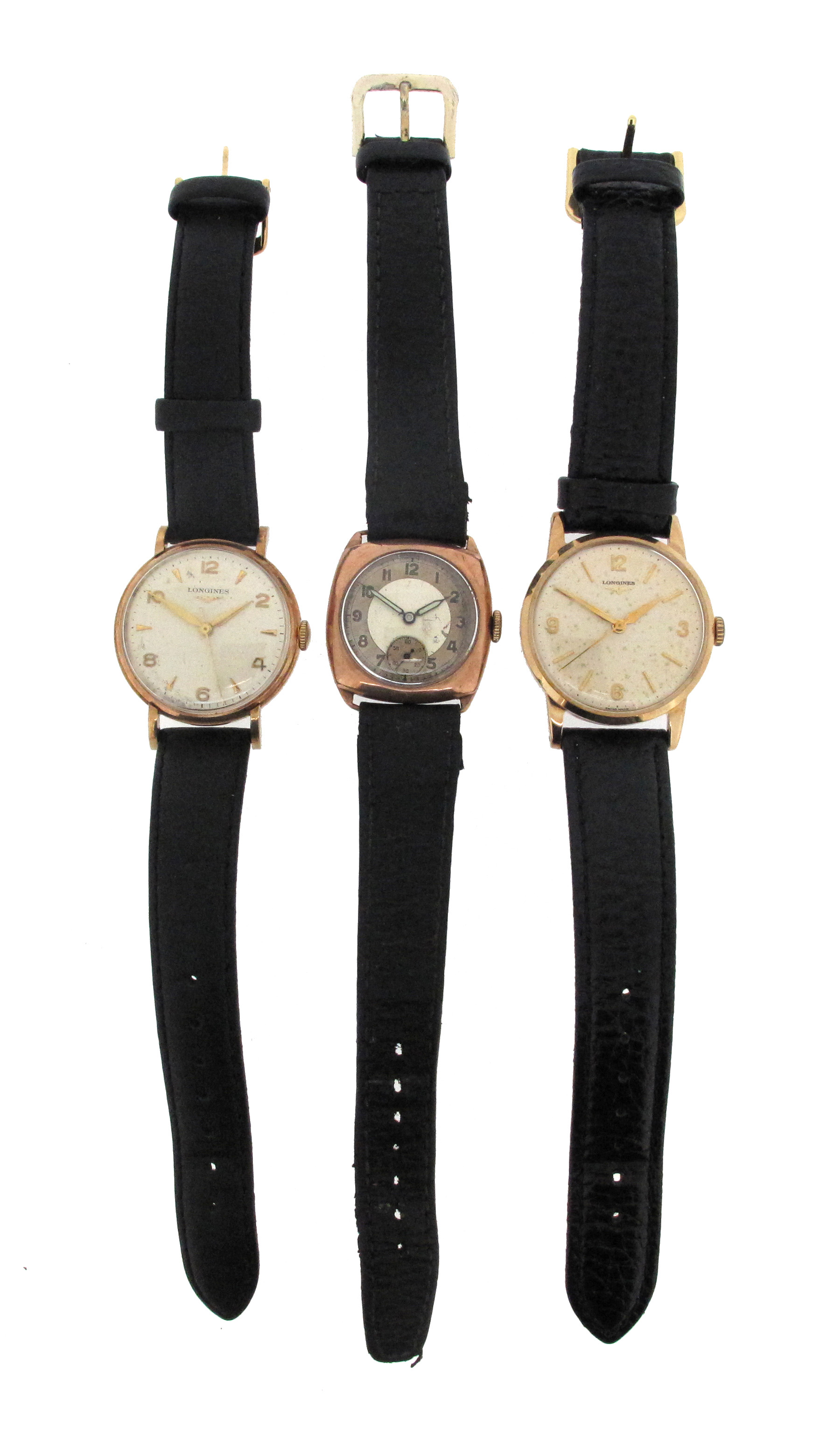 Three gold wristwatches by Longines, including a 9ct gold wristwatch, the tonneau-shaped case with