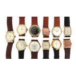 Eleven gold-plated wristwatches by Longines, automatic and manual movements, on leather and faux