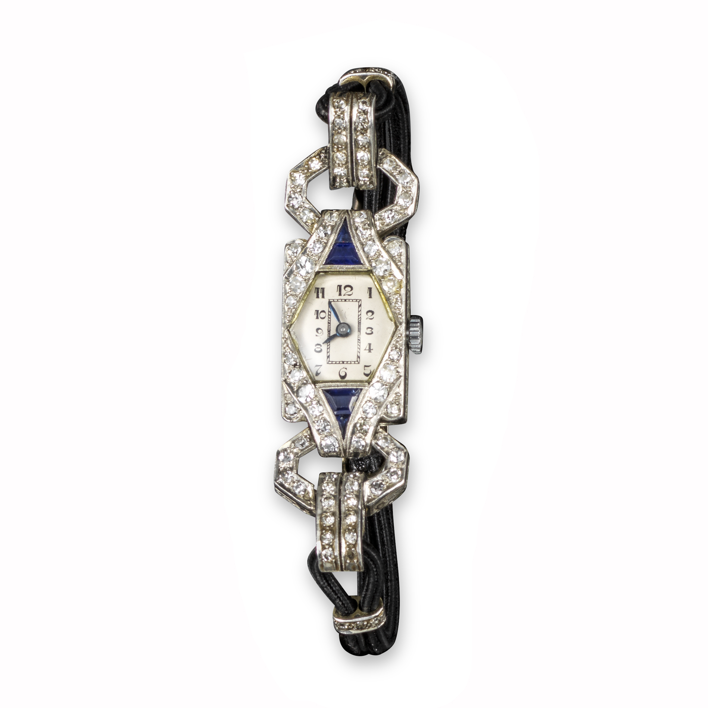 A lady's Art Deco cocktail wristwatch, the hexagonal dial with black Arabic numerals with diamond