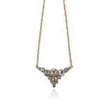 A gold pendant set with graduated rose-cut diamonds, on a fine-link gold neck chain, pendant 3cm