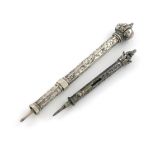 A Victorian silver Commemorative Everpointed pencil, unmarked, engraved hexagonal barrel with a