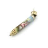 A French silver-mounted enamel pencil and scent bottle, marked with a French control mark,