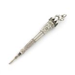 A silver pencil, unmarked, tapering circular form, embossed decoration, pierced terminal mounted