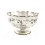 A Chinese silver rose bowl, by Zeewo, circular form, wavy-edge border, applied with fish and