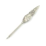 An American silver novelty pencil, marked Sterling, modelled as a spear, embossed with a building