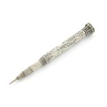 A large Victorian silver combination pen and pencil, unmarked, cylindrical form, engraved