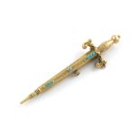 A Victorian novelty gold pencil, unmarked, modelled as a dagger, engraved decoration and set with