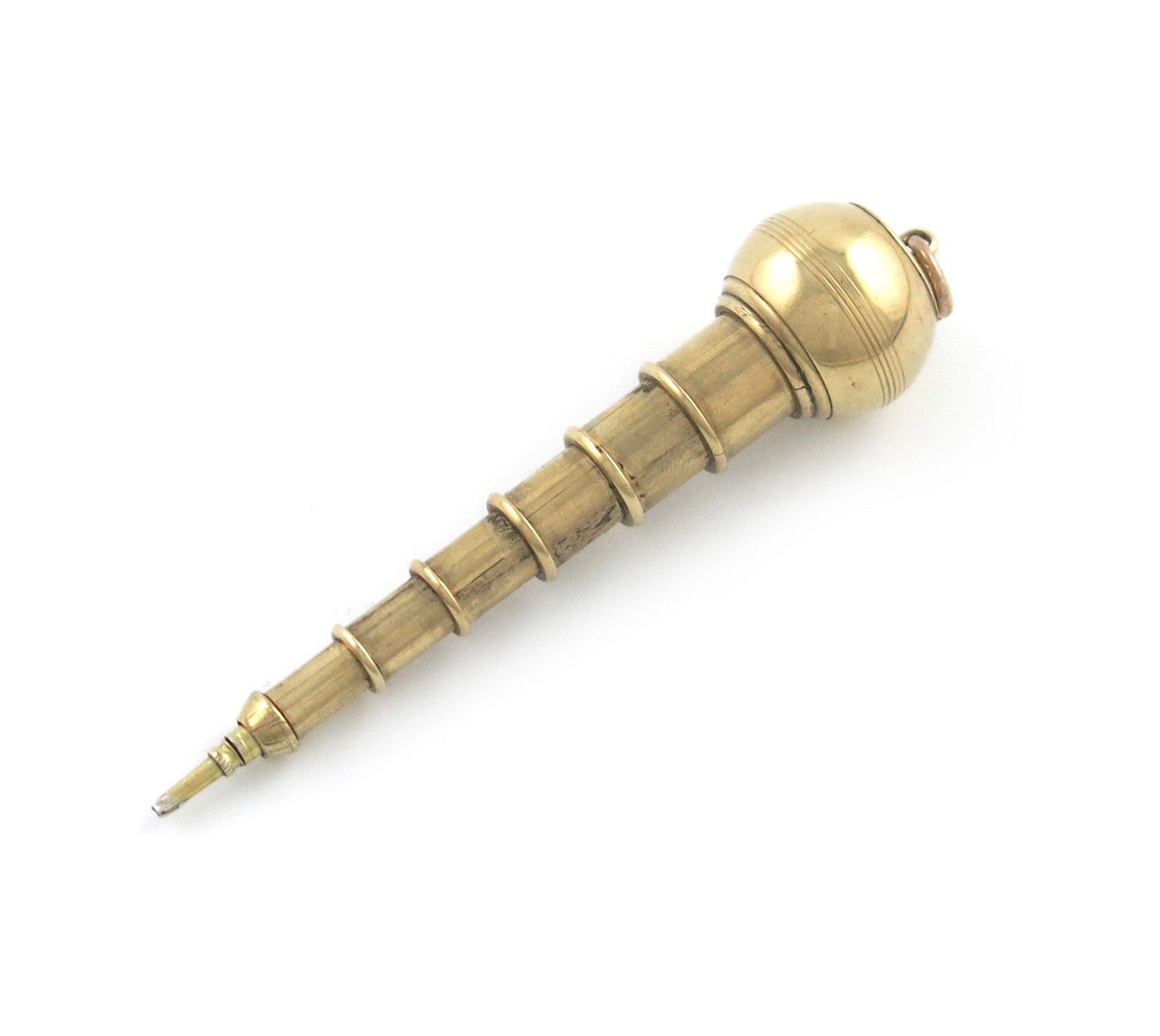 A Victorian novelty 10-carat gold plumb-bob pencil, marked W.T for Walter Thornhill, and design