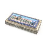 A Persian metalware and enamel cigarette box, rectangular form, the hinged cover mounted with an