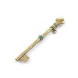 A Victorian novelty gold pencil, unmarked, modelled as a key, set with turquoise stones and with a