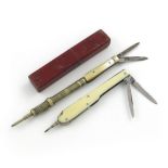 λA Victorian electroplated and mother-of-pearl pencil and penknife, unmarked, engine-turned