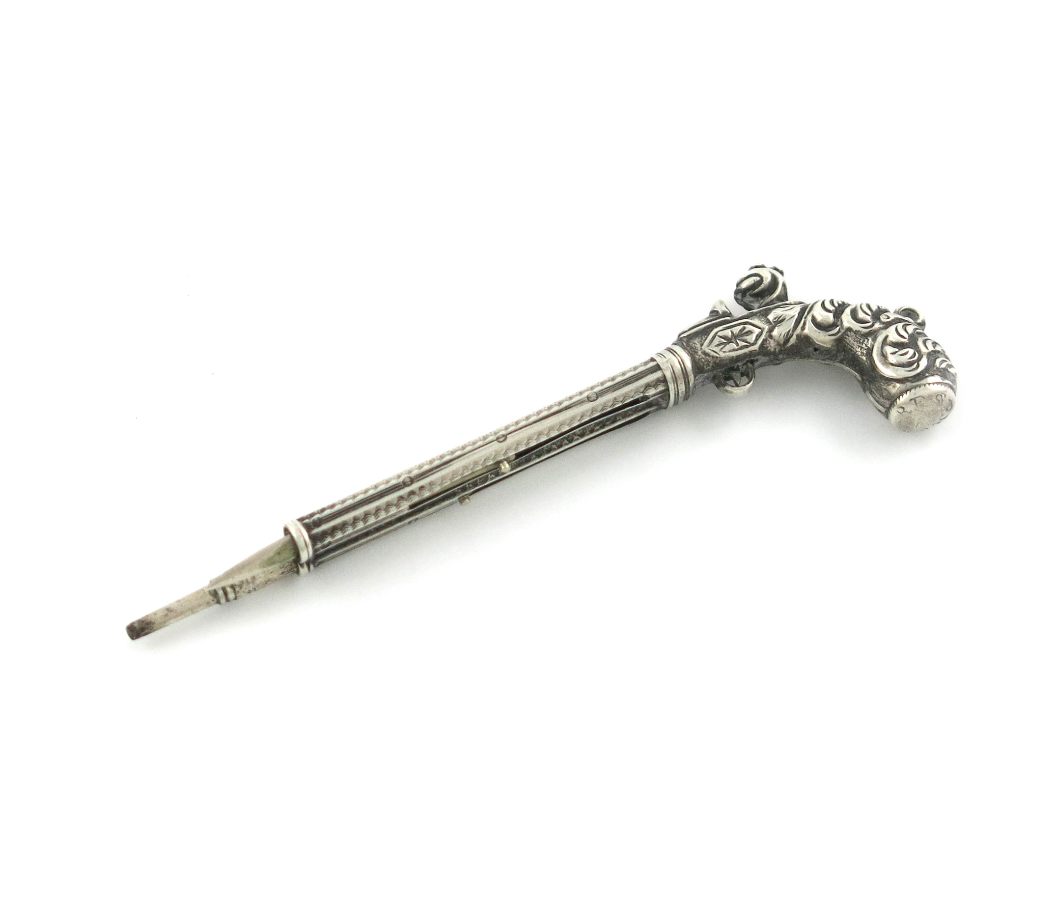 An early-Victorian novelty silver pencil and toothpick, unmarked, the terminal worn engraved 'R.F