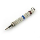 A silver and enamel two-colour pencil, marked Thornhill Patent, cylindrical form, with blue and