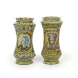 Two Sicilian maiolica albarelli 17th/18th century, Palermo, one painted with the heads and shoulders