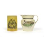 A creamware jug and a large mug c.1815-25, the jug by John Dawson & Co, Low Ford, printed and