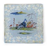 A Bristol delftware tile c.1765, painted in polychrome enamels with a Chinese figure seated