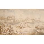 Thomas Rowlandson (1756-1827)The Quay at Blackwall Docks, LondonPen, ink and watercolour25 x 41cm;