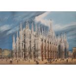 Attributed to Angelo Inganni (Italian 1807-1880) Piazza del Duomo, Milan with carriages and