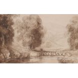 David Cox Snr. O.W.S. (1783-1859) A shepherd and flock in a river landscapePencil and sepia wash15.5