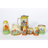 'Crocus' a Clarice Cliff Beehive honey pot and cover, painted in colours, a Crocus Lynton sugar