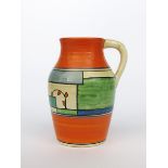 'Branch and Squares' a Clarice Cliff Bizarre single-handled Lotus jug, painted in colours between