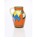 'Blue W' a Clarice Cliff Bizarre single-handled Isis vase, painted in colours between orange and