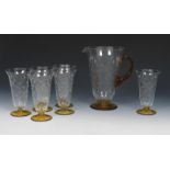 An English Art Deco lemonade jug and six glasses in the manner of Stuart Glass, flaring
