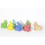 Six Sadler novelty Bunny teapot and covers, glazed in shades of mint green, yellow, blue, sky-