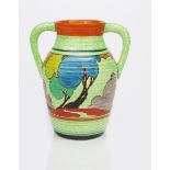 'Cafe au Lait Autumn' a rare Clarice Cliff Bizarre twin-handled Lotus jug, painted in colours on a