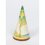 'Secrets' a Clarice Cliff Bizarre Conical sugar sifter, painted in colours printed factory marks,