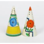 'Sun-gay' a Clarice Cliff Bizarre Conical sugar sifter, painted in colours and a Honeyglaze