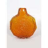 A Whitefriars Tangerine glass Banjo vase designed by Geoffrey Baxter, moulded form, unsigned,