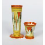 'Sunburst' a Clarice Cliff Bizarre 613 vase, painted in colours between yellow and orange bands, and