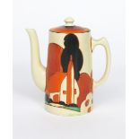 'Farmhouse' a Clarice Cliff Fantasque Bizarre Tankard coffee pot and cover, painted in colours,