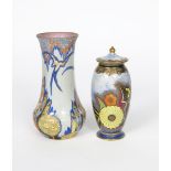 'Sunflower Geometric' a Carlton Ware vase and cover, pattern no. 3333, slender cylindrical form,