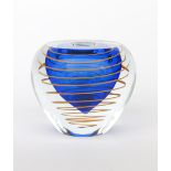 A glass vase by Jan Exnar, blue glass drop cased in thick clear glass with suspended thin orange