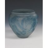 'Nefliers' no. 940 a Lalique frosted glass vase designed by Rene Lalique, blue staining, etched R