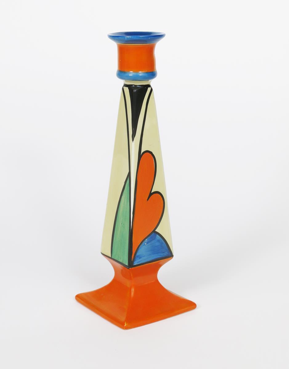 'Double V' a Clarice Cliff Fantasque Bizarre Octagonal candlestick, painted in colours between