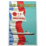 Jean Jacquelin (1905-1989) SS France, French Line Le Harve-New York lithographic poster on paper,