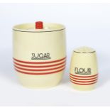 A large Mintons Pottery sugar jar and cover and en suite flour sifter designed by John Wadsworth,